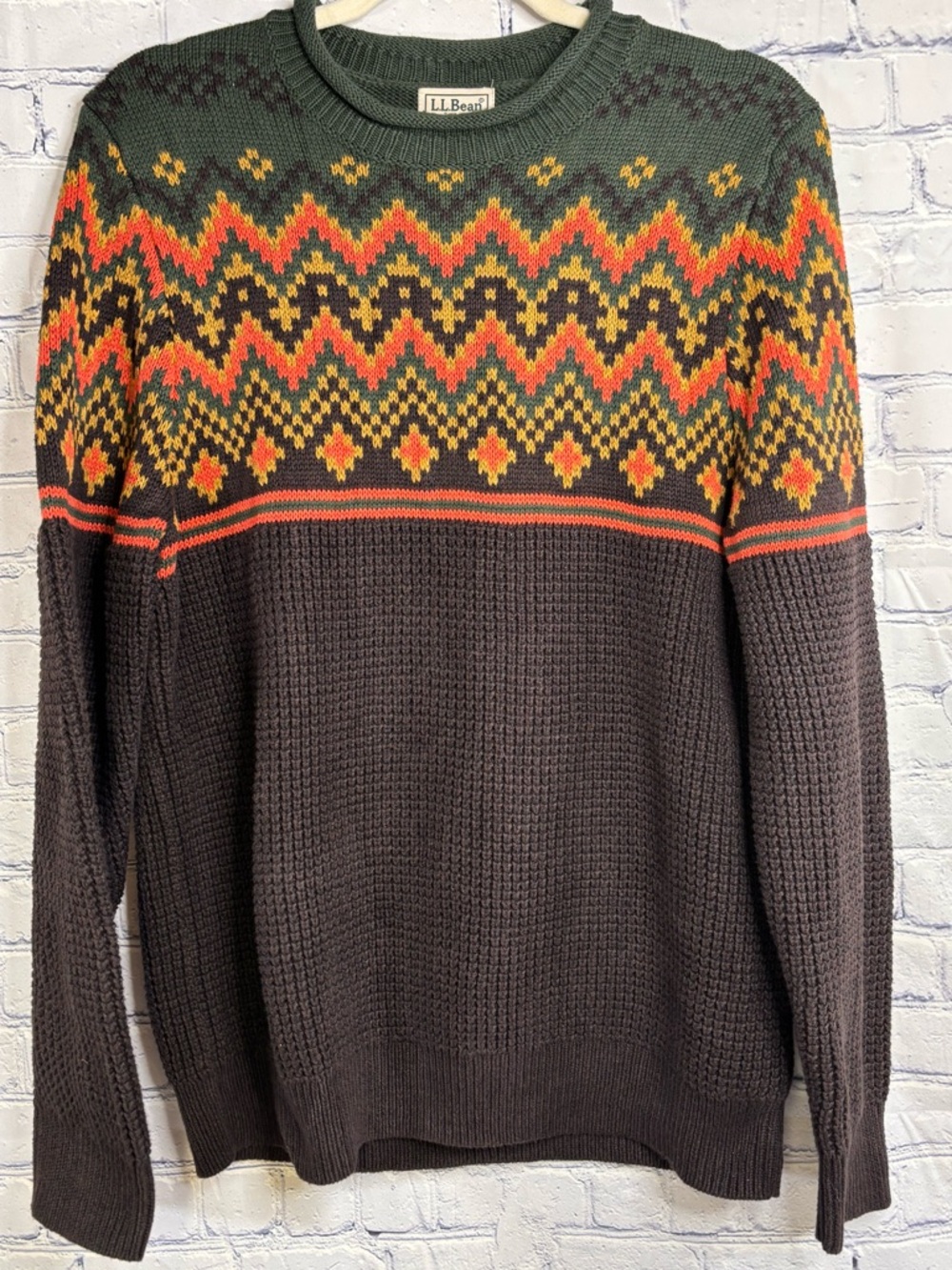 LL Bean Green Brown Organic Cotton Waffle Preppy Fair Isle Rollneck Sweater M